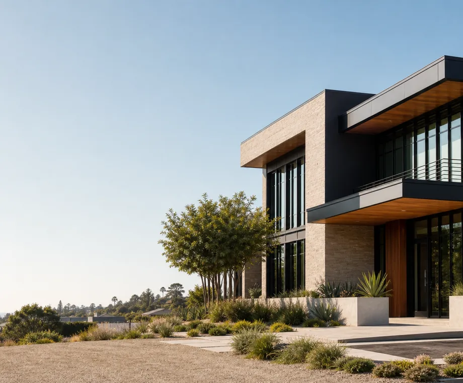 Modern California residence with strong architectural lines in warm daylight.